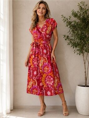 Floral Print Tie Dye Dress midi Vneck Approximately Size M